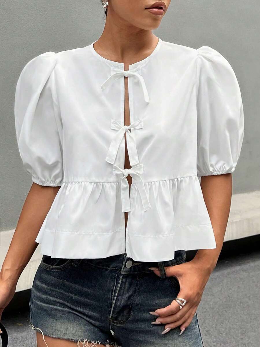 SHEIN EZwear Áo sơ mi nữ cổ tròn tay bồng buộc phía trước màu trơn, áo tay ngắn - trắng - Xem 1