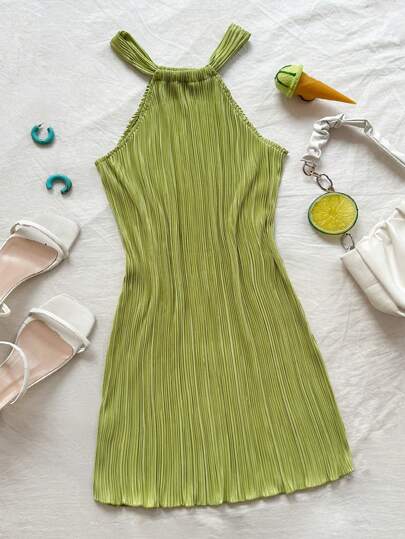 Soleia Slim Fit Solid Color Pleated Mini Dress With Strap,Summer Dresses For Women,Pastel Dresses For Women