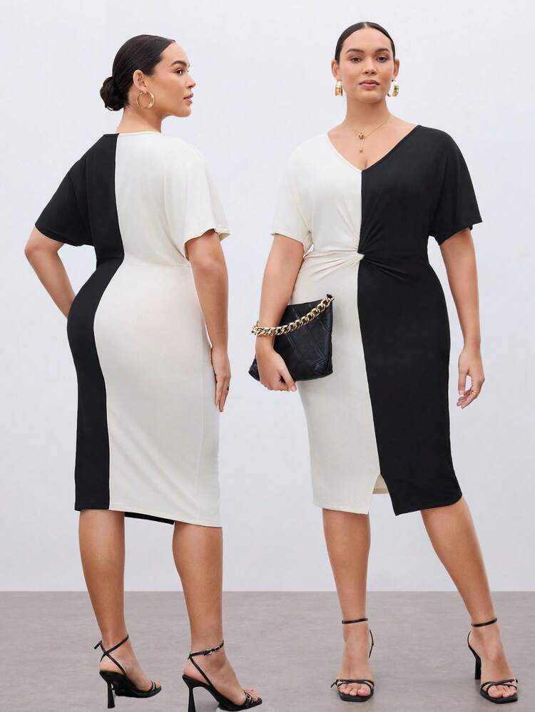 Plus Size Women Elegant Bodycon Dress With Apricot And Black Color Block Patchwork