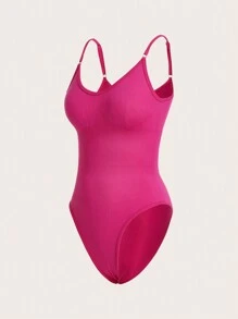 Easithlete Summer Solid Color Hot Pink Sports Bodysuit With Spaghetti Straps - Hot Pink - View 5