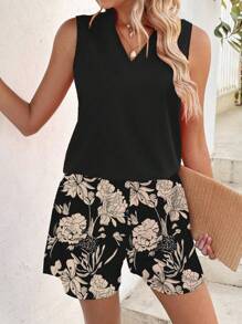 EMERY ROSE Conjunto de mujer con estampado floral a juego en naranja liso, para primavera y verano - Negro - Ver 4