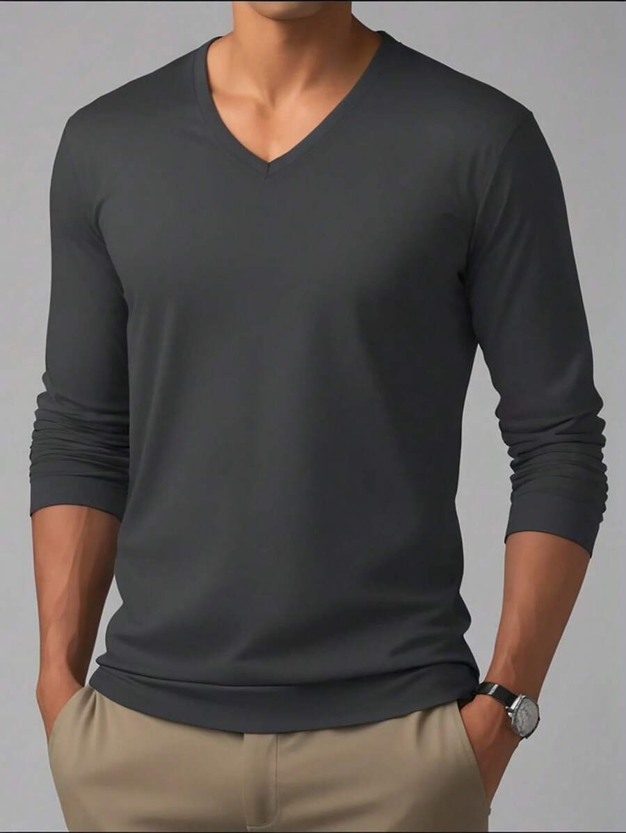 Manfinity Homme Herren Frühling Sommer einfarbiges V-Ausschnitt Langarm Lässig T-Shirt, für den Herbst