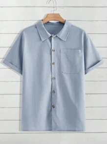 Claim Dot Men Shirt Collar Single-Breasted Solid Color Casual Short Sleeve Shirt And Shorts Set - Baby Blue - View 6