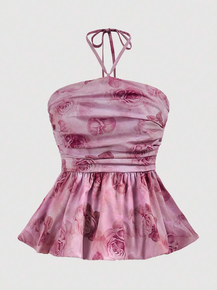 Women's Romantic Holiday Print Bandeau Top With Ruffled Hem And Puff Bust Design. Suitable For Music Festivals, Easter, Mother's Day, Graduation Season, Wedding Anniversary, Holiday Style