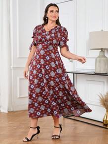 Mulvari Burgundy Red Plus Size Elegant Printed Cinching Waist Sleeve Cuff Gathered Dress For Spring/Summer - Burgundy - View 4