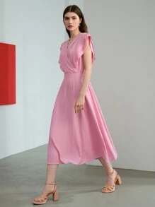 MOTF STUDIO 實色交叉領口荷葉袖洋裝 - 粉色 - 查看 2