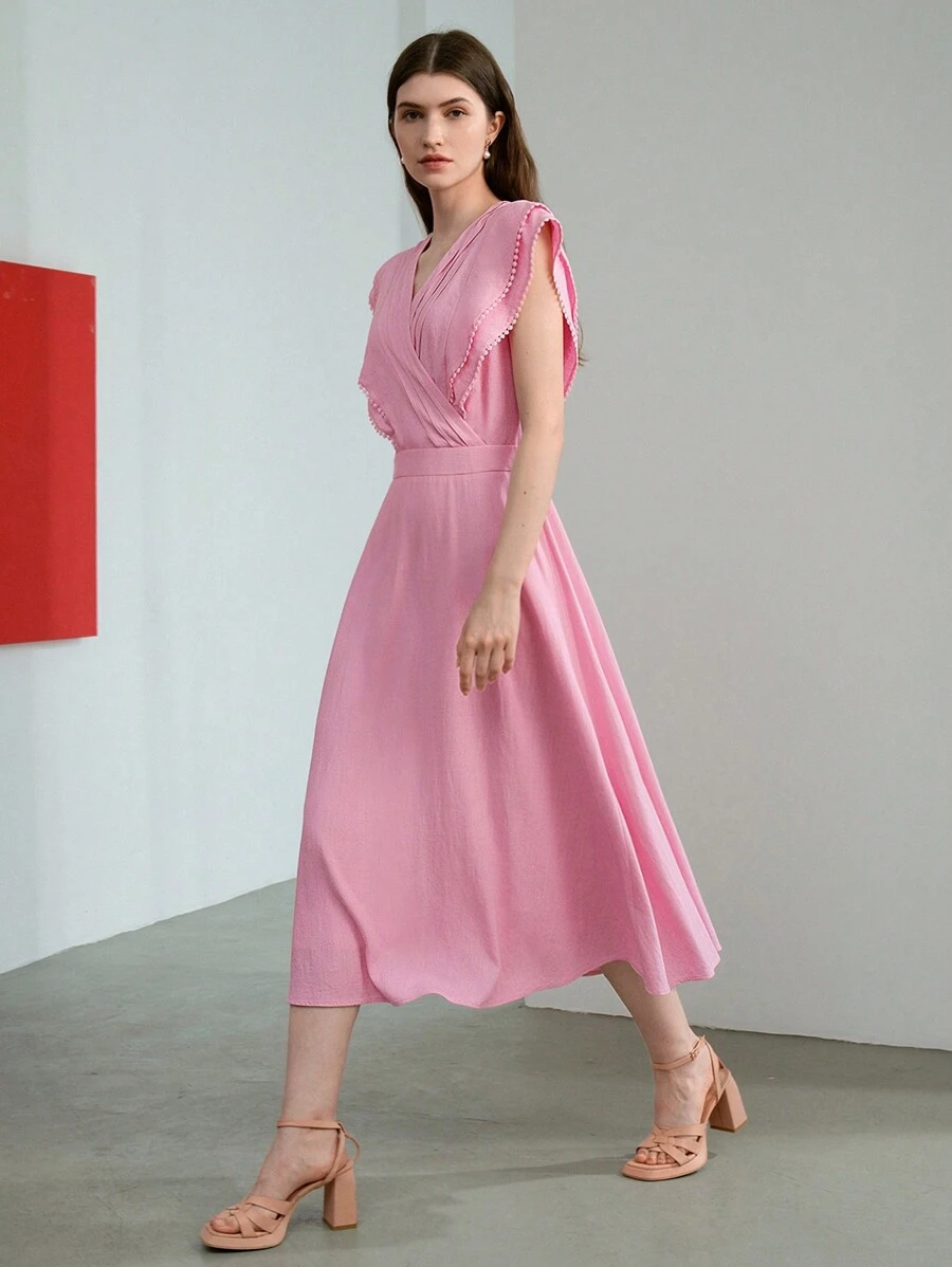 MOTF STUDIO 實色交叉領口荷葉袖洋裝