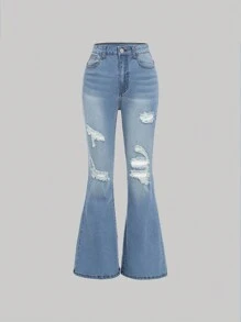 SHEIN Girlism Teen Girl Daily Casual Flared Jeans With Pockets And Distressed Details - Baby Blue - View 1