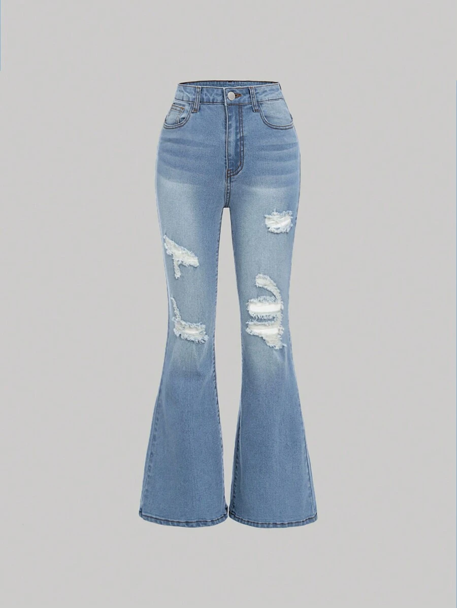 SHEIN Girlism Teen Girl Daily Casual Flared Jeans With Pockets And Distressed Details - Baby Blue - View 1
