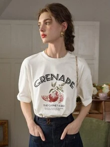 Simple Retro Customized Women Round Neck Printed Casual T-Shirt - White - View 1
