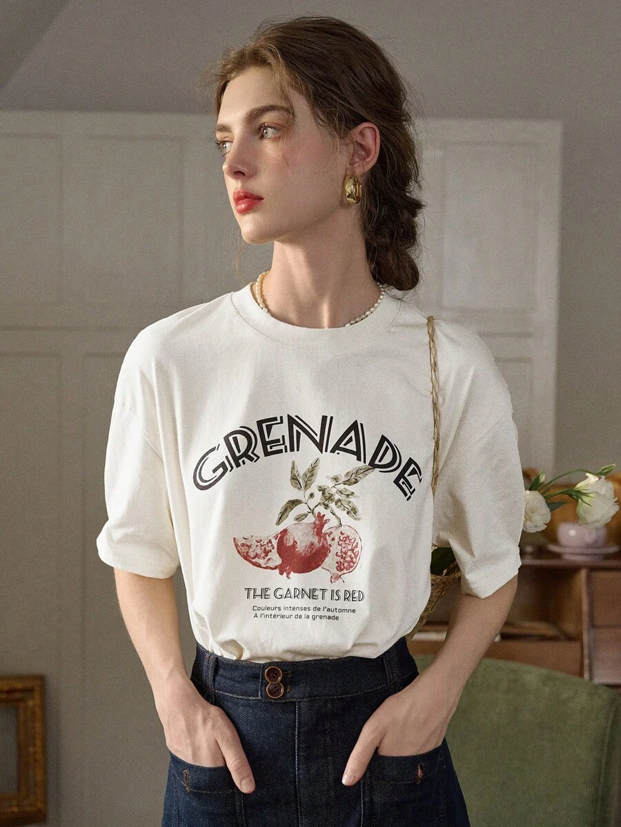 Simple Retro Customized Women Round Neck Printed Casual T-Shirt - White - View 1