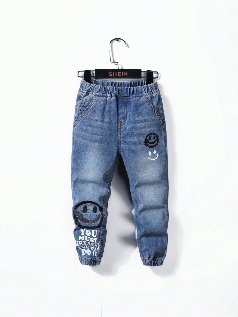 SHEIN Young Boy Street Fashionable Face Emoji Alphabet Doodle Printing Elastic Elastic Waist Binding Leg Baggy Jeans For Summer Vacation And Dailywear - Blue - View 1
