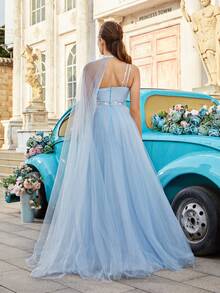 QOQ Fairy Style Dreamy Light Blue Halter Slit Gown Dresses For Evening Party, Banquet, Ceremony