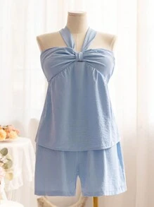 Dreamara Plus Size Women Solid Color Tie Strap A-Line Halter Top And Shorts Set For Summer - Blue - View 1