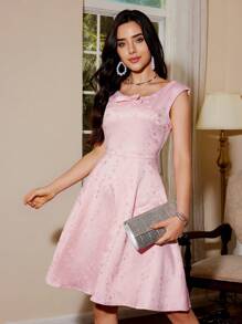GENKIRA Textured Pattern U-Neck Cap Sleeve Waist Fit Flared Hem Dress - Pink - View 1