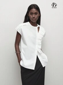 BizChic Women's Summer Casual Solid Color Hollow Out Ruffle Hem Business Leisure Shirt