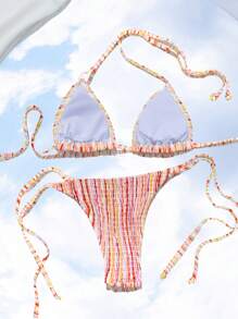 Swim Mod Color-Block Striped Halter Bikini Set, Perfect For Summer Beach Or Poolside Vacation - Multicolor - View 2