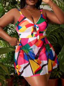 SHEIN Slayr CURVE 大碼夏季沙灘幾何印花游泳連衣裙，適合度假、泳池派對 - 彩色 - 查看 3