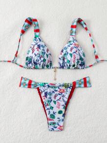 SHEIN Swim 夏季海灘女士隨機印花比基尼套裝 - 彩色 - 查看 1