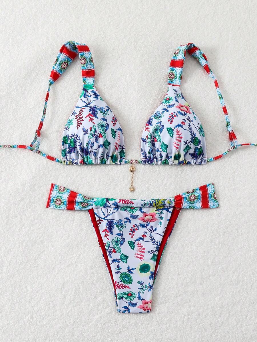 SHEIN Swim 夏季海灘女士隨機印花比基尼套裝 - 彩色 - 查看 1