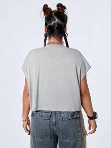 SHEIN EZwear CURVE 女士加大尺碼夏季休閒老鷹和字母紋理蝙蝠袖T恤 - 淺灰色 - 查看 2