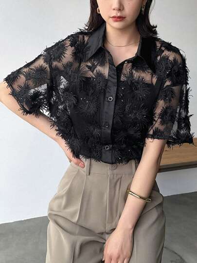 FRIFUL Women Casual Embroidered Mesh See-Through Short Sleeve Shirt For Summer Sheer