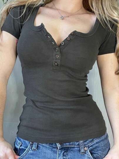 SHEIN EZwear Women's Half-Open Button Slim Fit T-Shirt