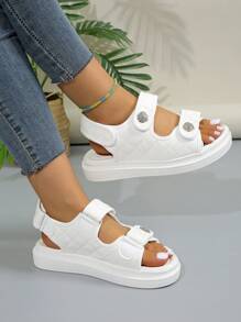 Giày sandal nữ thanh lịch, kiểu dáng thường ngày đa năng, giày đế bằng đính đá, sandal thể thao đế dày mới, thích hợp cho trang phục mùa xuân hè. - trắng - Xem 7