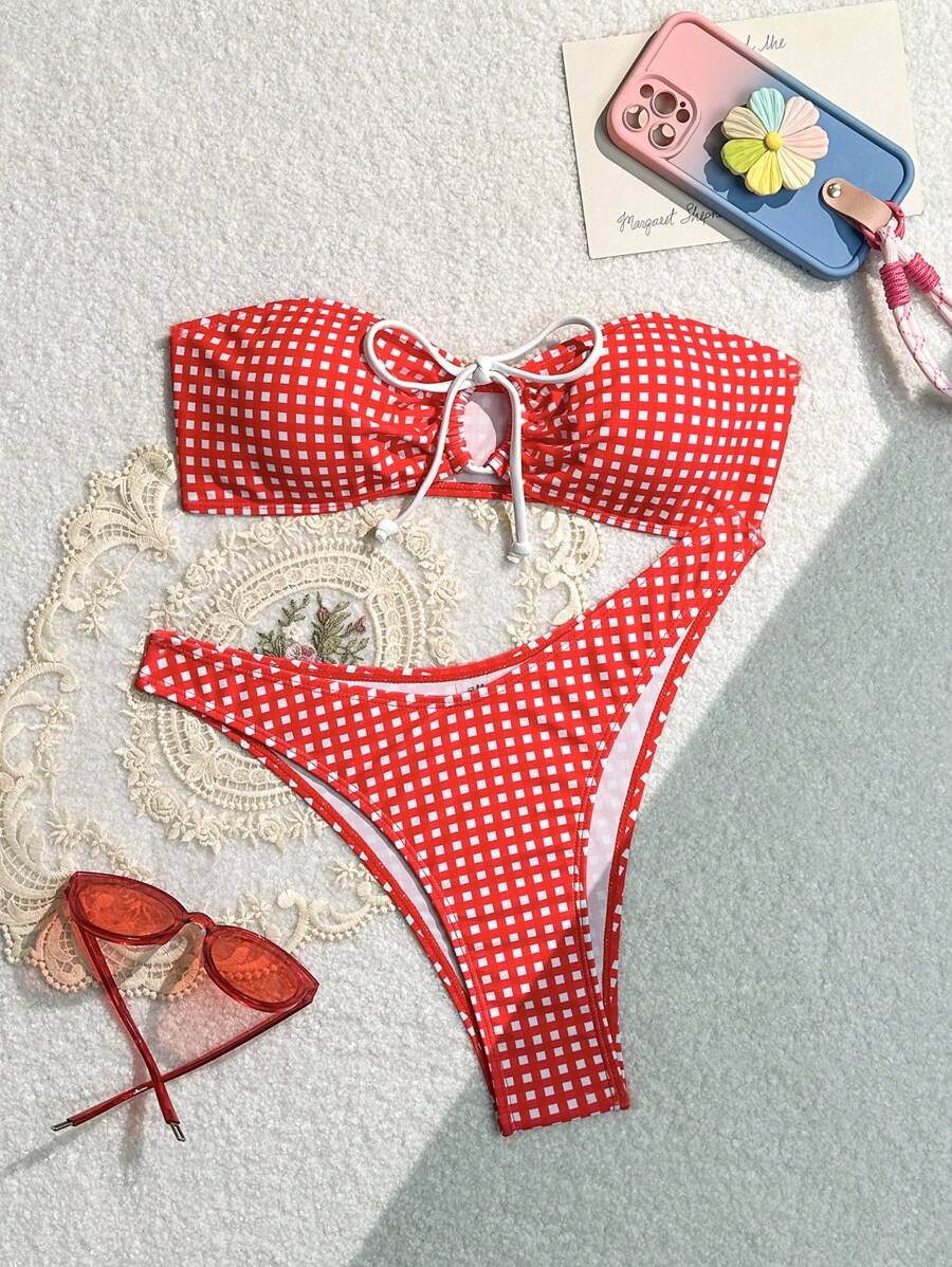 SHEIN Swim 夏季性感波點印花打結前扣式斜肩比基尼上衣配三角下褲，適合沙灘和泳池穿著 - 彩色 - 查看 1