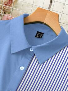 SHEIN Unity Women Striped Roll-Up Sleeve Single Breasted Mid-Length Casual Shirt Dress - Blue - View 3