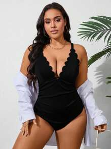 Swim Lushoire Plus Size Summer Beach Solid Color One-Piece Swimsuit With Scalloped Edge, Perfect For Vacation - Black - View 4