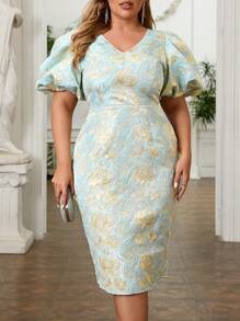 SHEIN Belle Váy dạ hội màu xanh nhạt cỡ lớn, vải satin sang trọng có thêu và thiết kế bong bóng, cổ chữ V và cắt thẳng, được tô điểm bằng sợi vàng, hoàn hảo cho những dịp trang trọng và buổi tối, váy dự tiệc cocktail bán trang trọng thanh lịch cho tiệc cưới, sinh nhật, tốt nghiệp, tiệc tối, tiệc về quê - Màu xanh lam - Xem 2