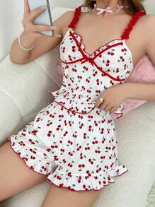 樱桃印花荷叶边装饰女士睡衣套装节日季