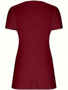 Plus Size Twist Front Top Casual V Neck Short Sleeve Top T-Shirt - Burgundy - View 2