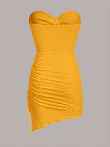 SHEIN ICON 露腰束邊不對稱下擺筒型迷你連身裙 - 黃色 - 查看 8