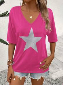 SHEIN LUNE Camiseta casual de verano para mujer con estampado de estrellas de cinco puntas, cuello en V y mangas cortas