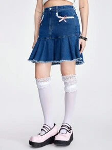 ROMWE Kawaii Women's Cute Bowknot Accent Denim Mini Skirt - Blue - View 4