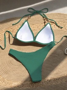 SHEIN Swim 夏季沙灘女性假珍珠鏈連接頸項掛脖簡約時尚比基尼套裝 - 墨綠色 - 查看 2