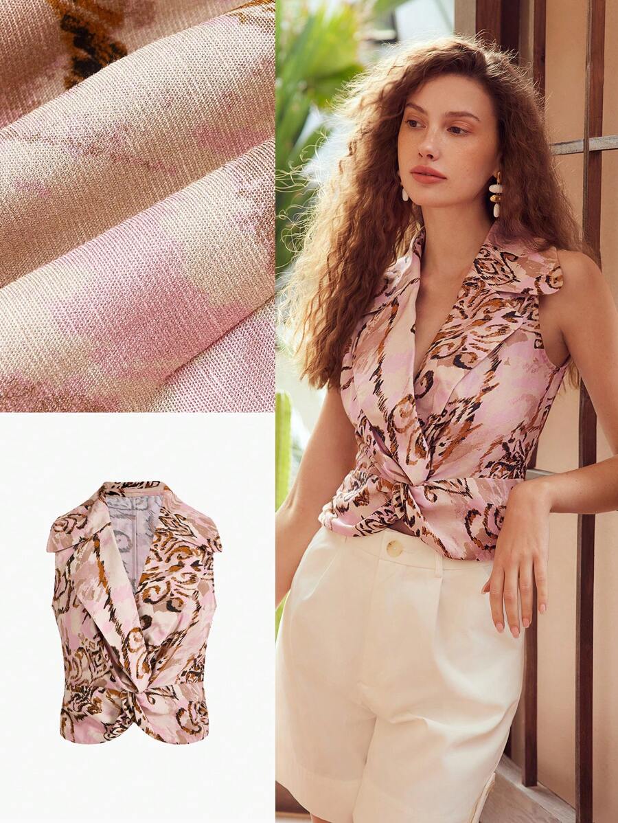 MOTF PREMIUM ALLOVER PRINT LAPEL COLLAR TWIST BLOUSE