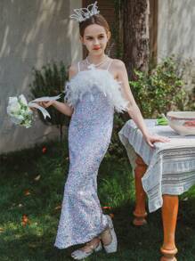 SHEIN Flowerchild Girls' Long Feather, Sequin & Mesh Camisole Dress, Suitable For Weddings, Performances, Parties - White - View 4