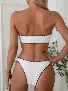 SHEIN Swim Mod Women Vacation Striped Edge Front Tie Hollow Out Bandeau Simple Chic Bikini Set,Summer Beach