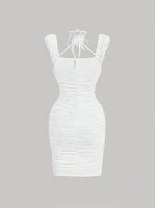 SHEIN MOD Summer White Bodycon Dress With 3D Flower Ribbon, Lace And Pleats - White - View 2