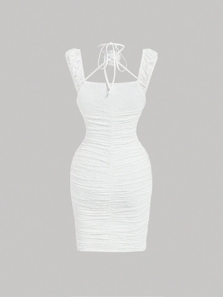 Summer White Bodycon Dress With 3D Flower Ribbon, Lace And Pleats
