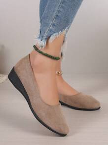 Talons compensés suédés rétro abricot pour femmes, chaussures plates à col bas de couleur unie, assortiment complet - Nude - Voir 5