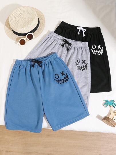 SHEIN Tween Boy 3pcs/Set Vacation Style Printed Straight Loose Knitted Shorts, One In Each Of Three Colors, School, Campus, College