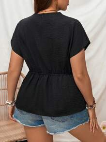 Elenzga Plus Size Women Solid Color Stand Collar Shirt With Twist Knot Front Tie And Cinched Waist