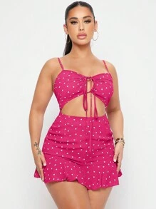 SHEIN SXY Woven Hollow Out Women Dress With Pleated Waist, Heart Print, Belt And Perfect For Vacations - Hot Pink - View 5