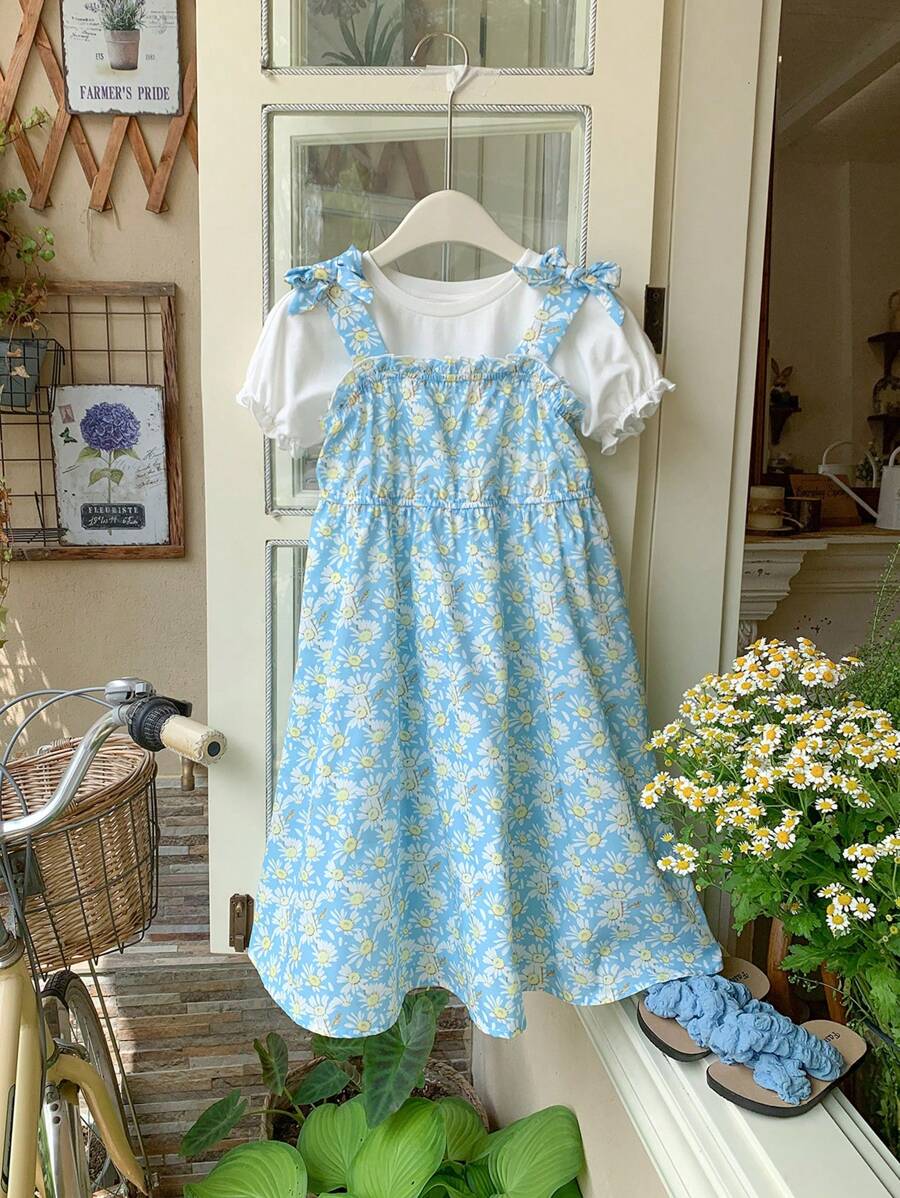 SHEIN Fetă tânără tricotată uni cu gât rotund cu mâneci bufante și costum rochie cu bretele florale țesute