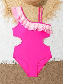Tween Girl's Color Block Beach Holiday Ruffle Edge Hollow One Piece Swimsuit - Hot Pink - View 5