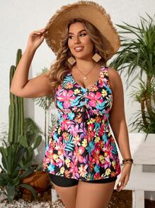 Swim Lushoire Plus Size Women Summer Beach Fashionable Floral Print  Tankini Set